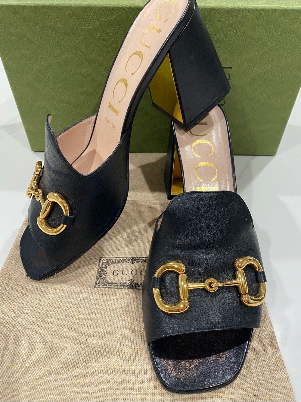 Gucci Black Leather Gold Horsebit Block Heel Mules